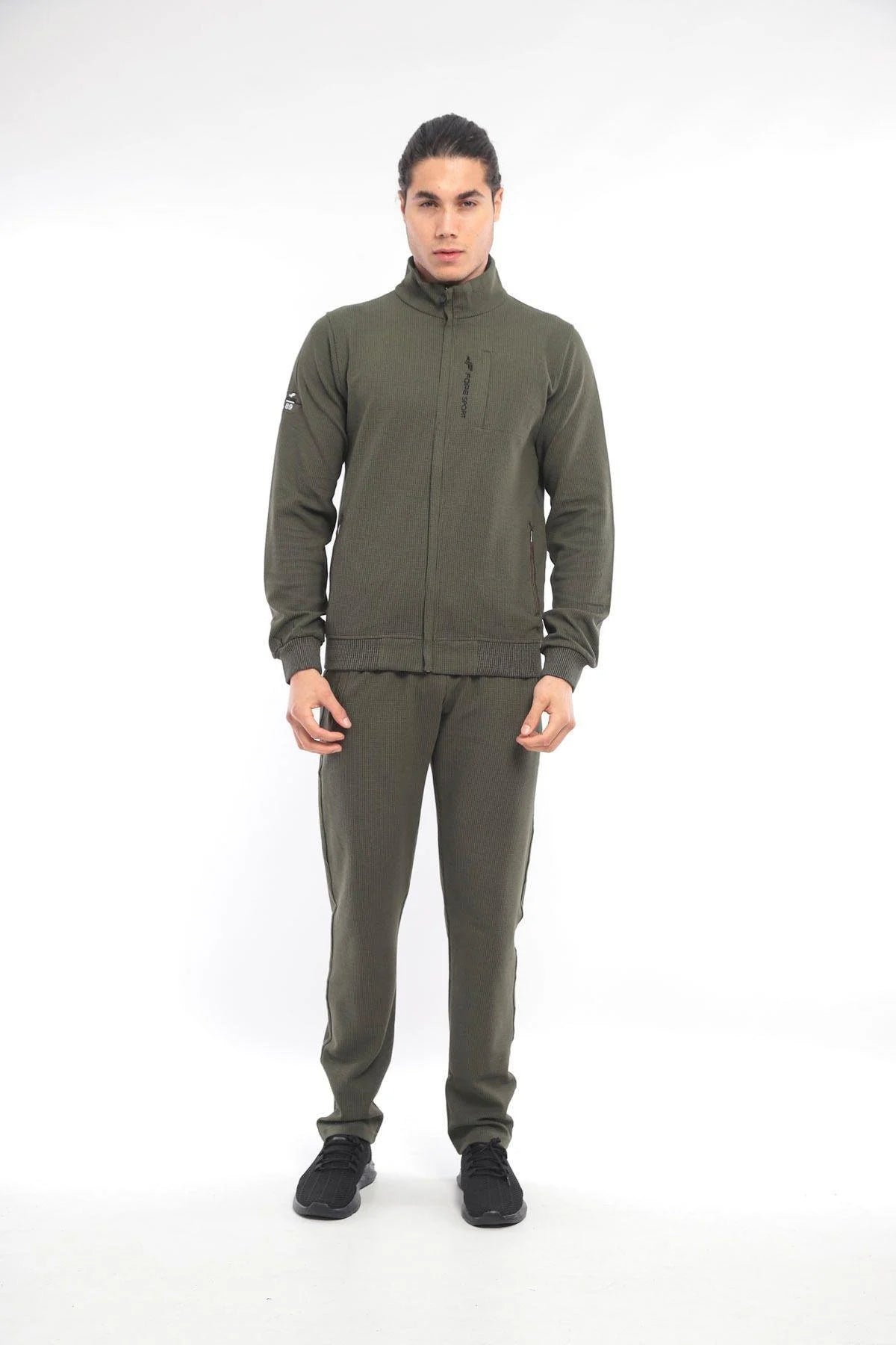 Waffle Stand Collar Tracksuit with Pocket Details